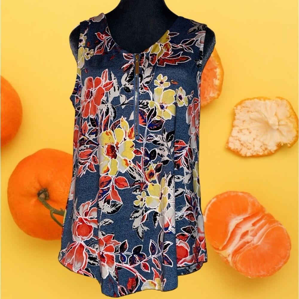 Tacera slinky stretch sleeveless vivid floral print gold  zipper neckline